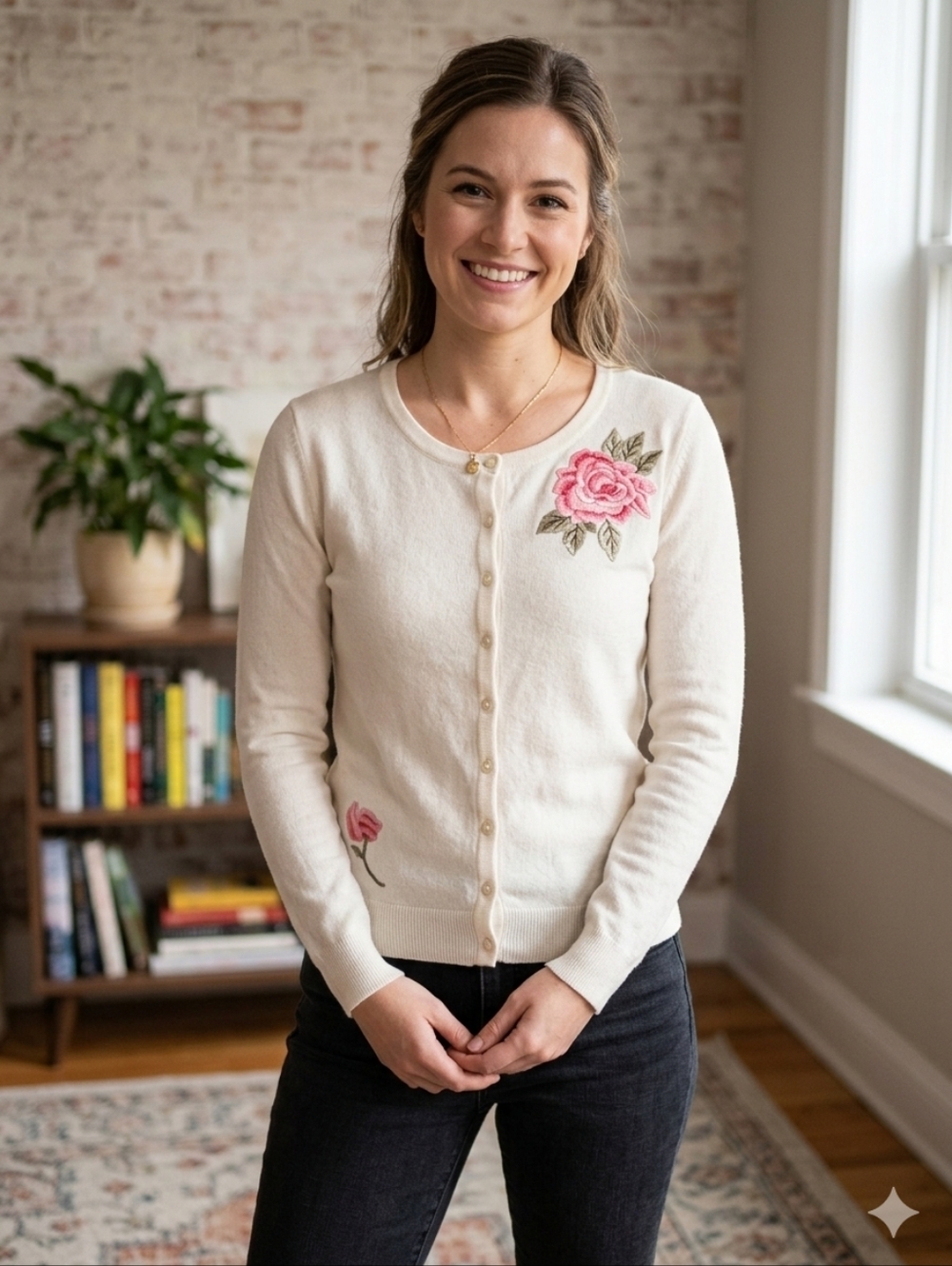 Vintage Melrose Chic Cream Cardigan with Pink Rose Embroidery